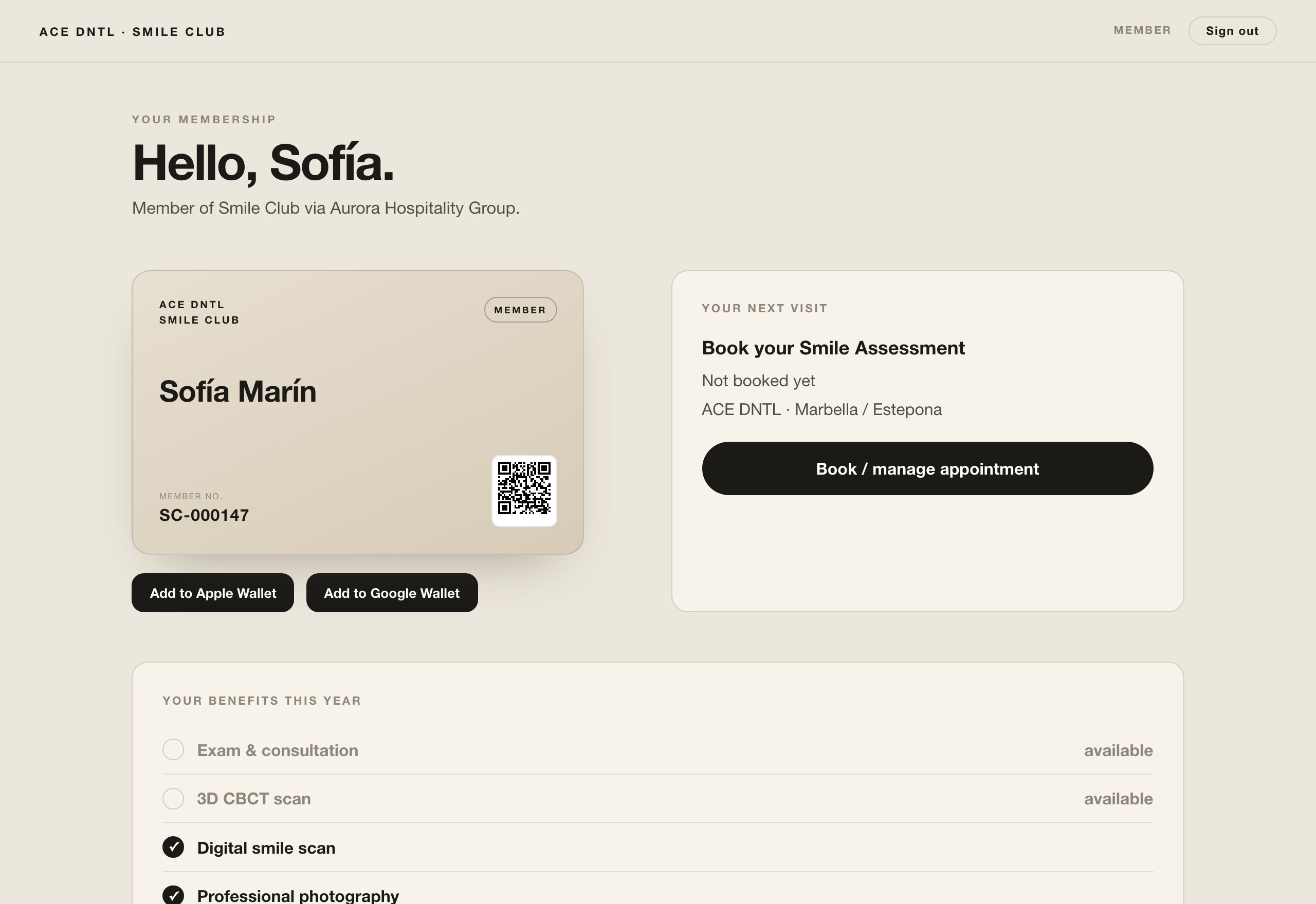 The member's dashboard — card, wallet pass, benefits, booking