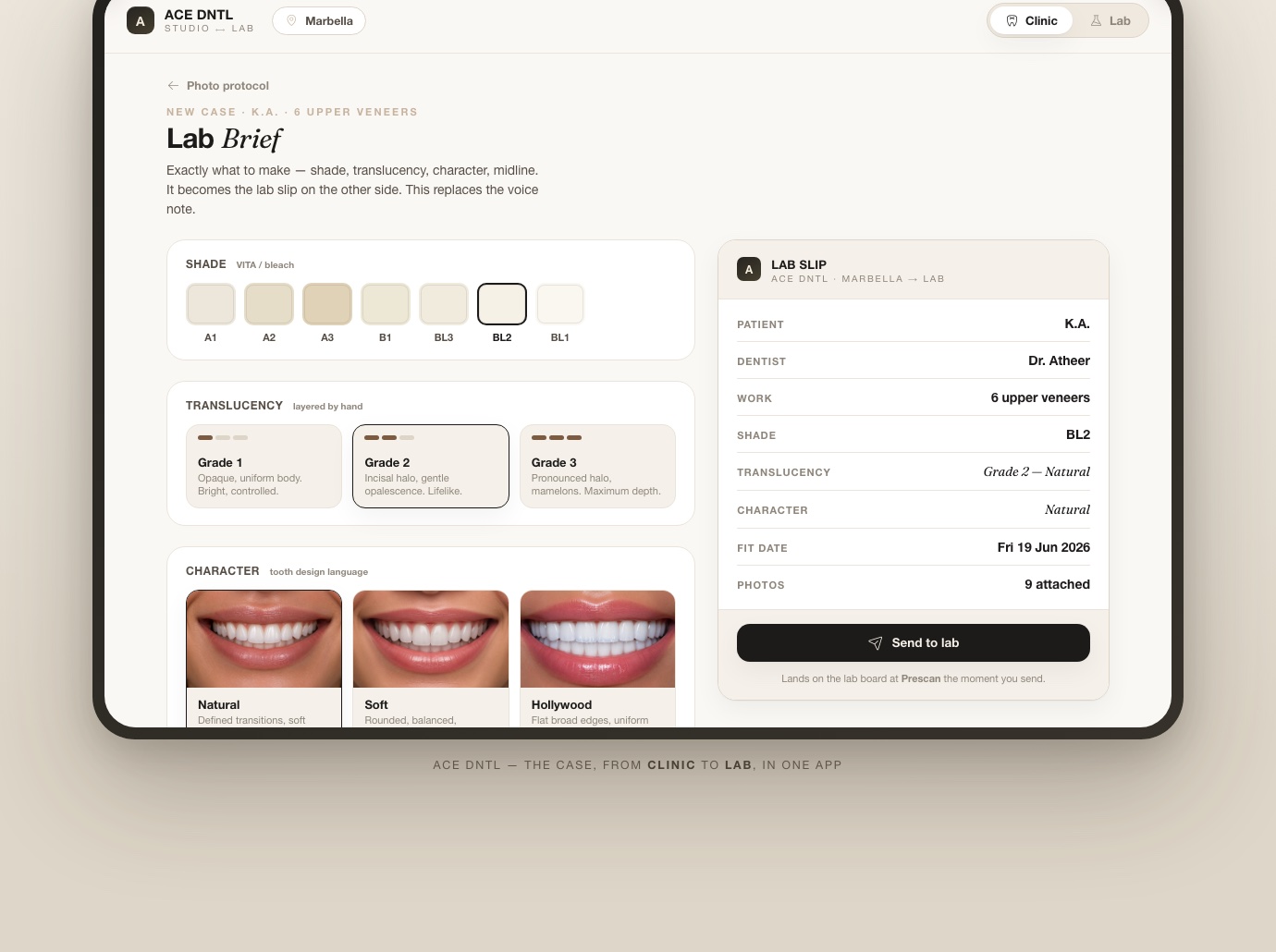 The Lab Brief — selections build the lab slip live